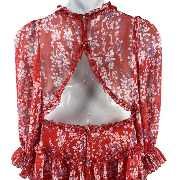Selfie XL NWT Floral Open Back Ruffle Chiffon Dress Red Long Sleeve Deep V Neck - Picture 6 of 16